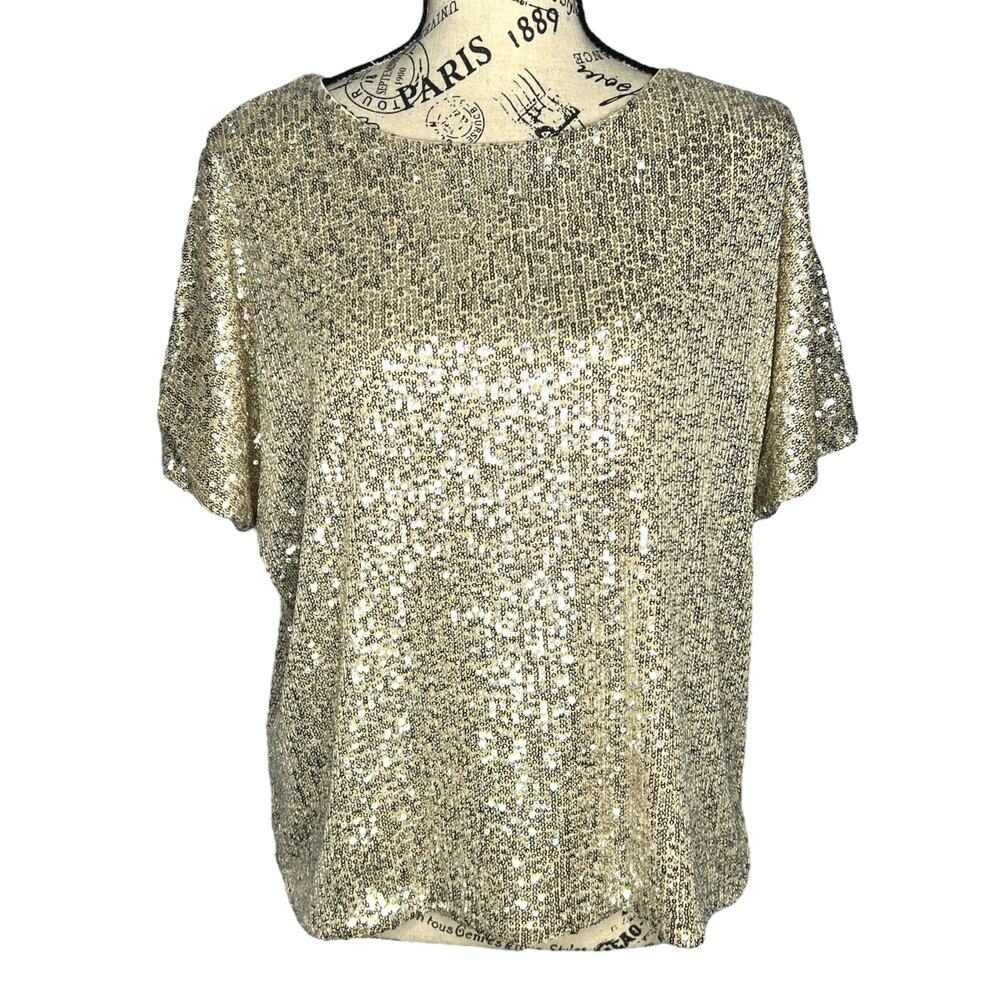 H&M SMALL Sparkly Straight Cut Sequined Mesh Short Sleeve Top Blouse Tee